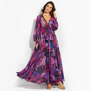

NEW Long Sleeve Dress Tropical Beach Vintage Maxi Dresses Boho Summer V Neck Belt Lace Up Tunic Draped Plus Size Ankle Dress