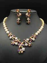 2017 NEW FASHION,luxury colorful five leaves flower zircon golden necklace earring set,wedding bride party dress banquet jewelry