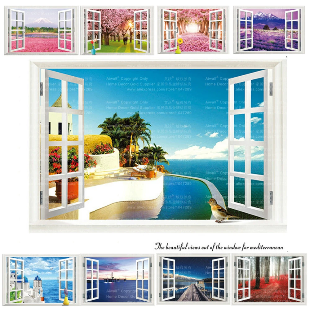 9 Styles 3020 Removable Beach Sea 3D Window Scenery Wall Sticker home