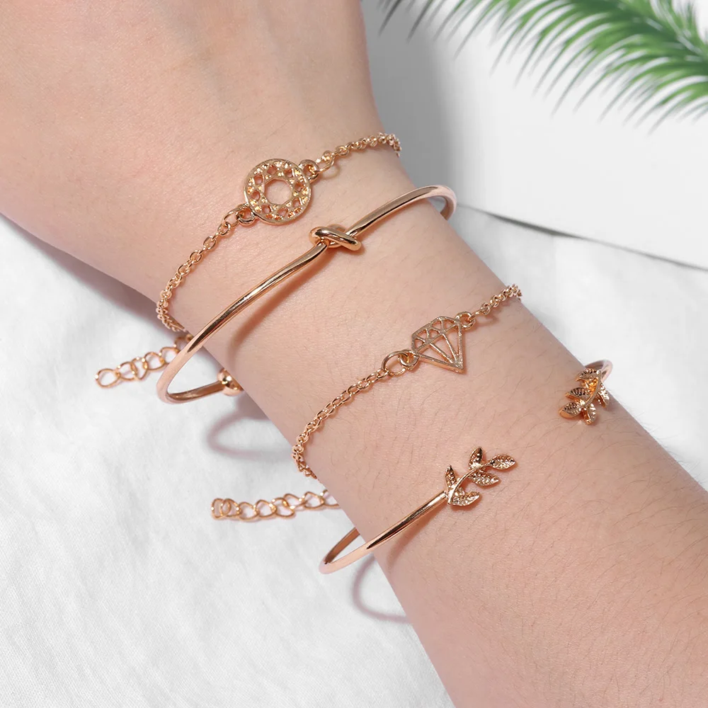 

4Pcs/Set Bohemian Leaves Knot Round Chain Opening Gold Bracelet Set Cuff Bangle Bohemian Wristband Women Fashion Jewelry Gift