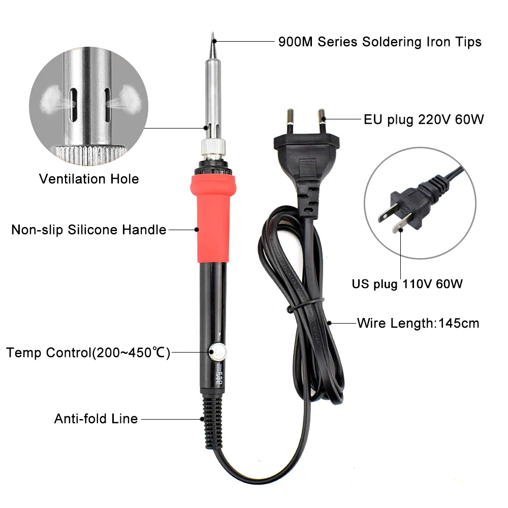 NEWACALOX 60W 110V/220V Adjustable Temperature ESD Soldering Iron Kit Desoldering Pump Soldering Iron Stand Tweezers Multimeter