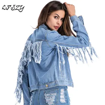 

Women's denim jacket 2019 Spring and Autumn New Back Tassel Large size denim jacket Fashion Street Blue jacket more size M-5XL
