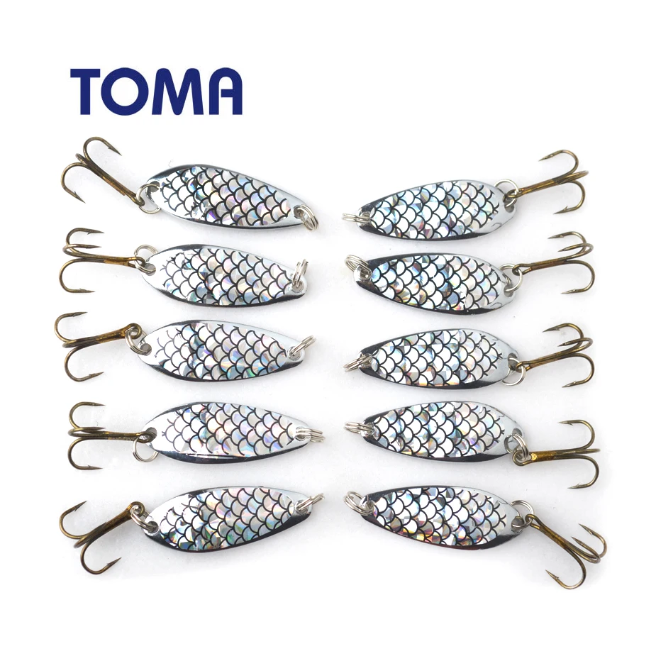 

TOMA 10pcs/Lot Laser Metal Lure Spinner Bait Spoon Fishing Lures 40mm 5.2g Fresh Water Sequins Hard Lure Treble hook