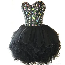 Elegante Cocktailkleider Schwarz Perlen Und Kristalle Ballkleider Organza Rüschen Kurze Parteikleider. Klasse Graduation Dresses