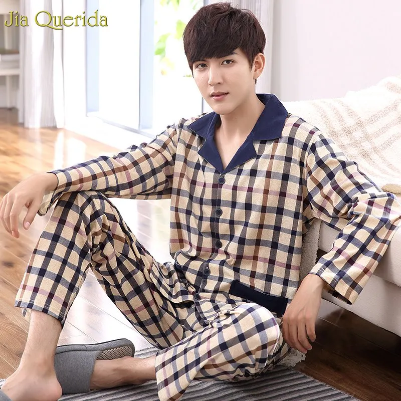 

Luxury Men Home Clothing 100% Cotton Man Sleepwear Long Sleeves Autumn Winter Pajamas Set Lapel Button Cardigan Pajamas Men Suit