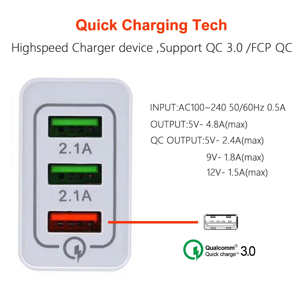 Портативное зарядное устройство, 3 USB порта, зарядное устройство для мобильного телефона, дорожное настенное зарядное устройство, адаптер для iPhone, samsung, huawei, Qualcomm, быстрая зарядка 3,0