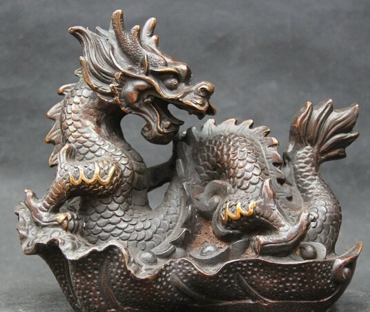 

JP S0522 8 " Chinese Feng Shui Bronze Folk animal Zodiac Year Dragon Yuan Bao Statue B0403