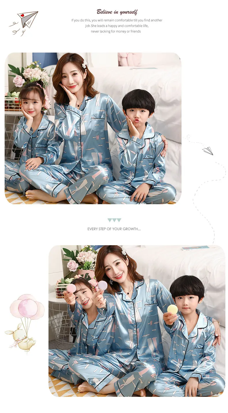 Soild Silk Children Pajamas Suit Autum Family Matching Outfits Long Sleeve Mommy and Baby Clothing Soft Mom and Me Pyjamas Set