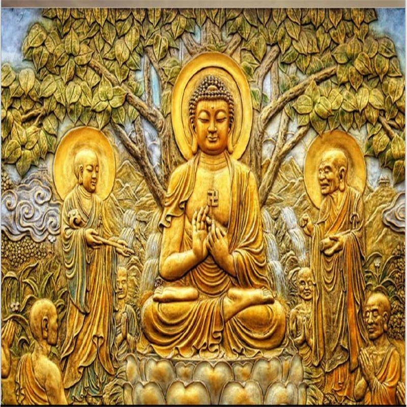 beibehang Large Custom Wallpaper Mural Gold Relief Bodhi Tree Buddha TV