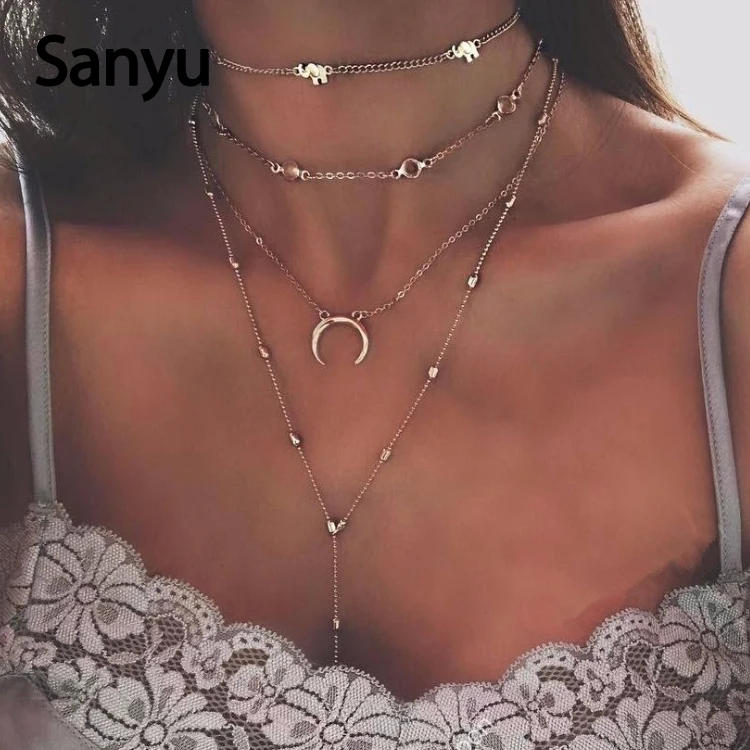 

Golden Chain Rhinestone Statement Necklace Bohemia Elephant Women Collar Half Moon Multi Layer Long Pendant Nacklaces Jewelry