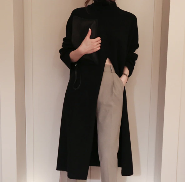 Женское однотонное зимнее теплое платье-свитер с разрезом и длинным рукавом, новое платье-свитер с высоким воротником и длинным рукавом