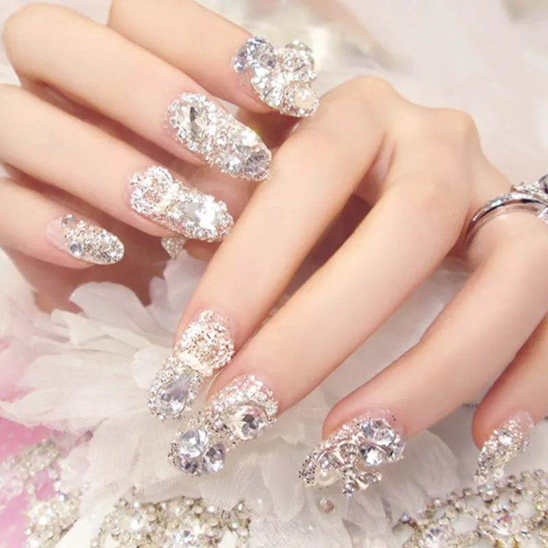 

Luxurious 3D Clear Fake Nails Tips Wedding Nail Decorations Shiny Crystal Rhinestones Full Cover Long false Nails with glue