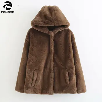 

FOLOBE 2020 Winter Fashion Women Faux Fur Jacket Coat Coffee Loose Coat Jacket Plus Size Hooded