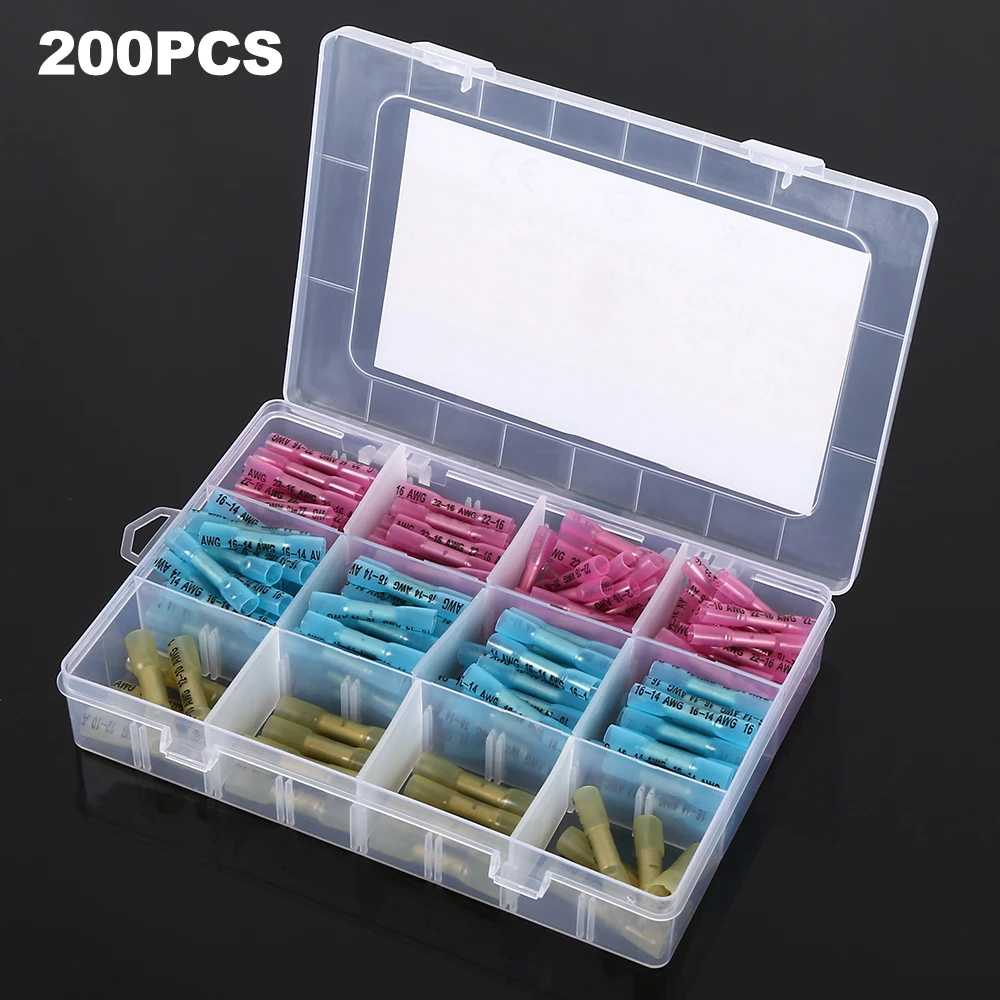 

200pcs 3 Sizes Waterproof Heat Shrink Butt Connectors Electrical Wire Splice Cable Crimp Terminal Crimping AWG 22-10 Kit