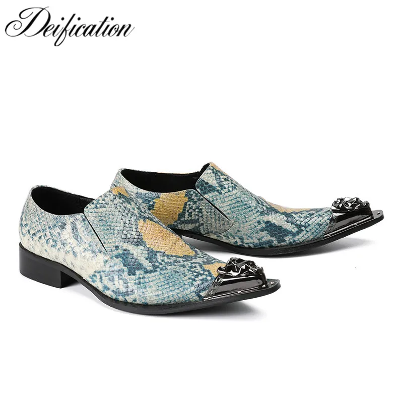 

Deification Zapatos Hombre Vestir Stylish Print Snakeskin Men Shoes Metal Pointed Toe Formal Party Dress shoes men Plus Big Size