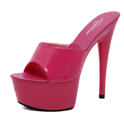 WADNASO/Летние Элегантные прозрачные шлепанцы на высоком каблуке 15 см, босоножки на толстой подошве, шлепанцы, большие размеры 34-43 - Цвет: Розово-красный