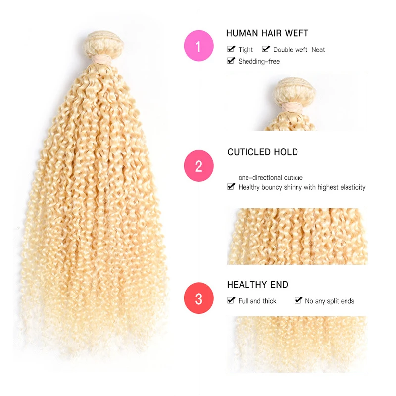 613 Blonde Color Human Hair Extension Peruvian Kinky Curly Hair Bundles With Closure 4 Bundle Deal 613 Curly Hair Weaving Rcmei