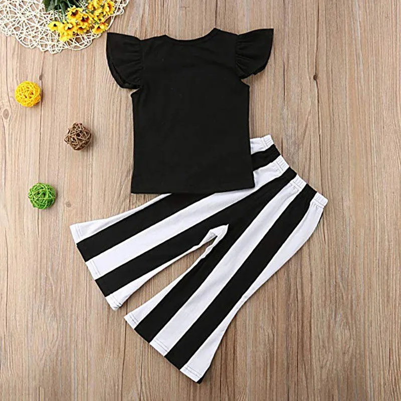 Newborn Baby Girl Clothes Casual Girl Letter Printing Short Sleeve T-shirt And Striped Flare Trousers Kit Kids 2pcs Outfit Set