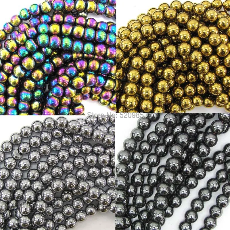 

Free Shipping Natural Stone Black/Gold/Silver/Rainbow Hematite round Beads 4 6 8 10 MM 16" Per Strand No.HB30