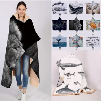 

3D Printed Sherpa Fleece Blanket Lion Whale Deer Hooded Blankets for Adults Kid Warm Wearable Fleece Kid Throw Blankets