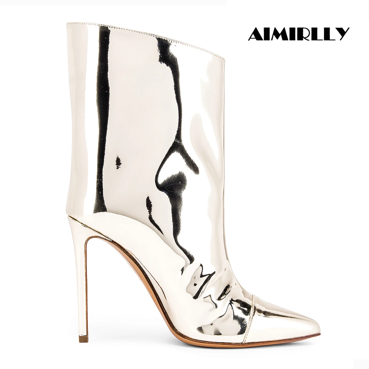 Aimirlly/Женская обувь; ботильоны на высоком каблуке с острым носком; женские модные вечерние полусапожки из искусственной кожи с металлическим зеркалом и платиной; Клубная обувь
