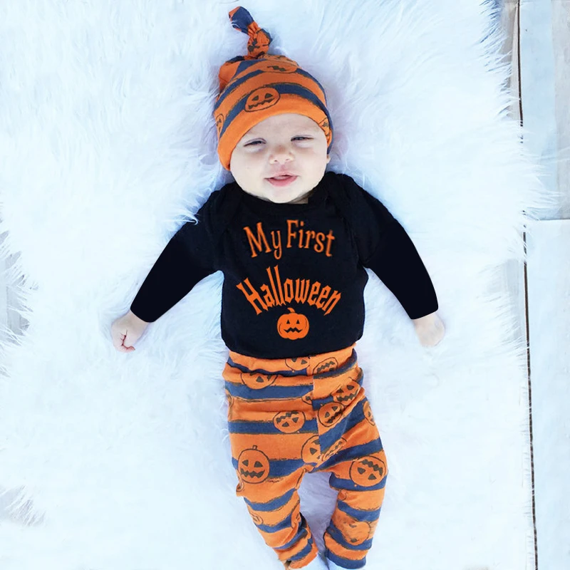 

Halloween 3PCS Toddler Newborn Baby Boy Girl Pumpkin Romper Shirt Tops+Pants +Hat 3pcs Outfits set Clothes