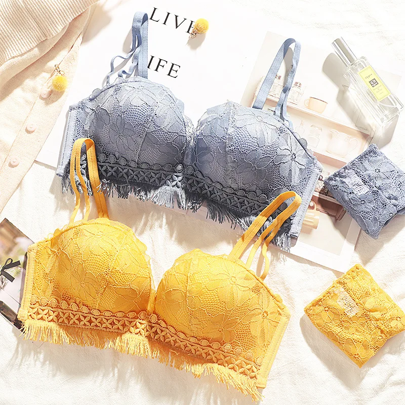 

Sexy Lace Underwear Set Embroidery Flower Women Bra Set Yellow Gather Push Up Lingerie Female Sets Comfortable Bras