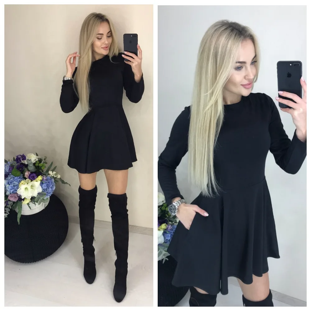 

2019 New Arrival Spring Casual Dress O-Neck Fit and Flare Pockets Long Sleeve Cute Mini Party Dress A-Line Black Red Dress