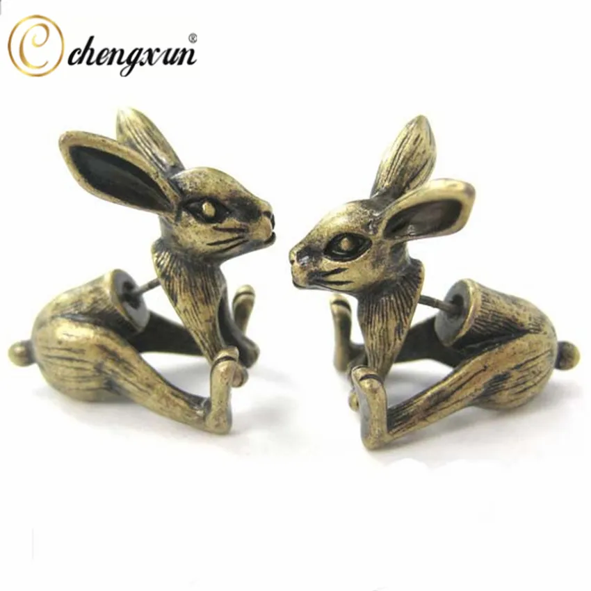 CHENGXUN Boho шикарные черные латунные серьги-гвоздики с изображением кролика для женщин с объемным милым кроликом
