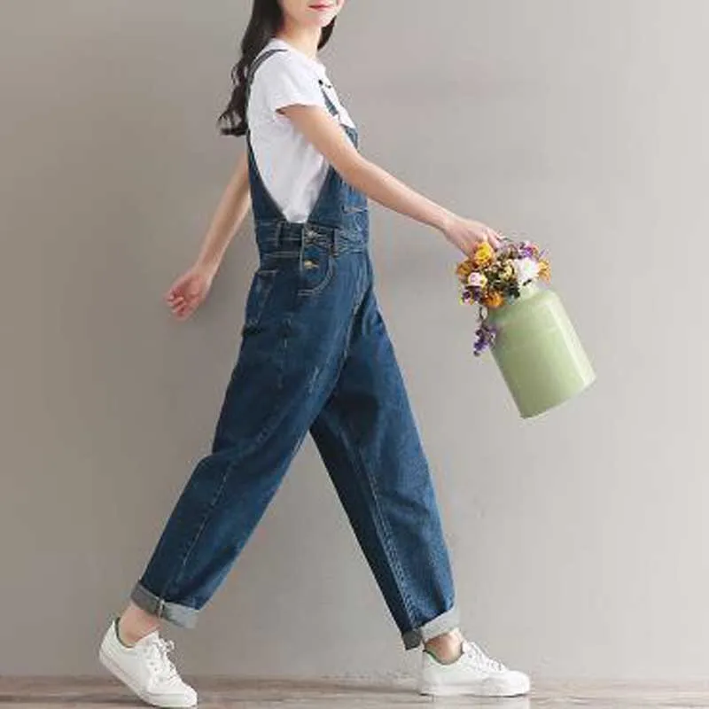 Female Siamese pants washed denim  all-match wide leg pants  