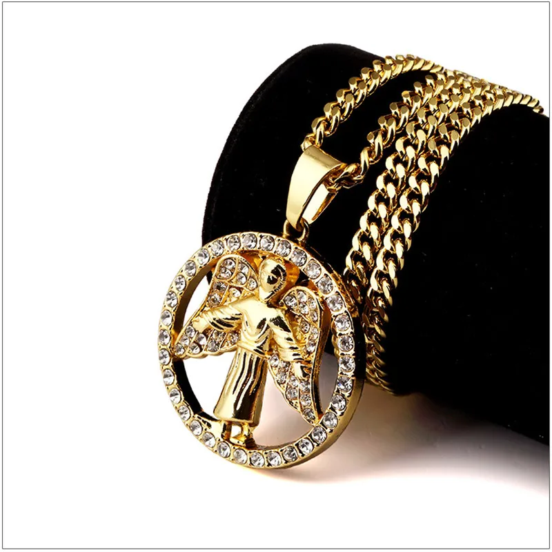 Golden Rhinestone Iced Out Angel Piece Angel Wings Pendant Hip Hop