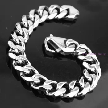 

15mm High Polishing Silver Color Cuban Curb Link Chain Stainless Steel Bracelet 7-11inch Biker Men Cuff Jewelry