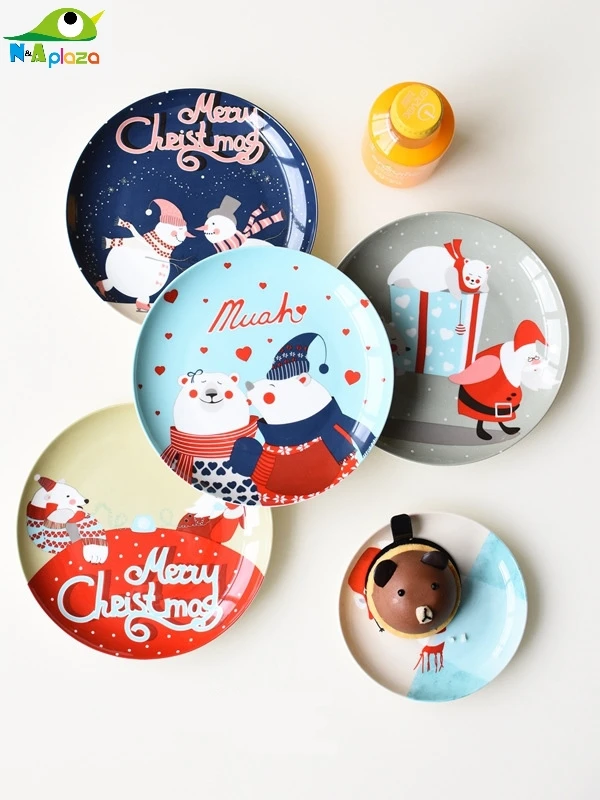 

8 Inch "Merry Christmas" Style Bone China Cake Dishes Plates Porcelain Pastry Fruit Tray Ceramic Tableware For Steak Dinner