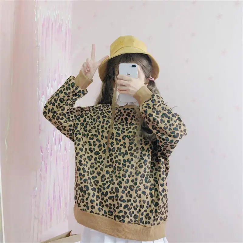 Повседневное женский корейский Harajuku панк круглый средства ухода за кожей шеи свитер с леопардовой раскраской для женщин's свитеры для