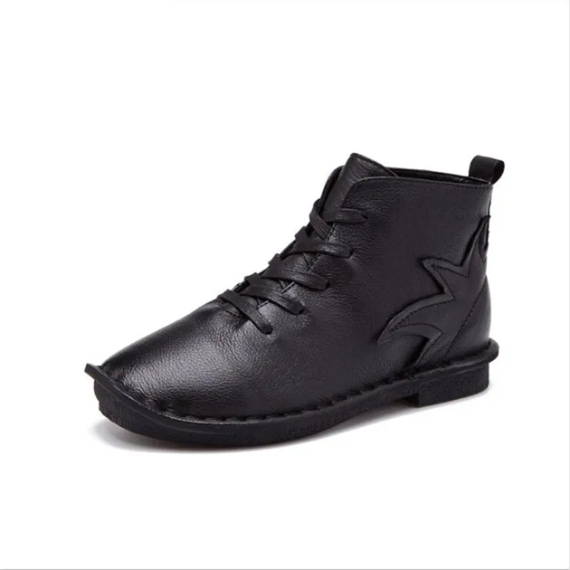 

Women's Black Leather Lace up Booties 2019 Spring and Autumn New Simple Fashion Solid Color Flat With Casual Shoes