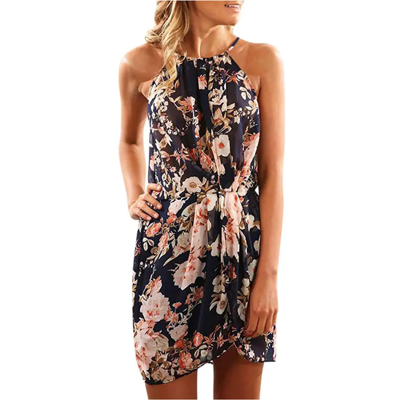New Women Summer Sexy Sleeveless Halter Neck Floral Print Casual Mini Dress Elegant Lady Vintage Casual Party Dress #4R14 (6)