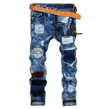 

Ripped Jeans Men Straight Loose Stickers Cloth Snowflake Jeans Streetwear Men's Baggy Trousers Male Denim Pants Clothes
