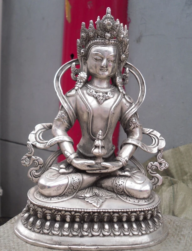 

Tibetan Buddhist bronze coated silver AMITAYUS Buddha statue 22 cm 1.3 KG