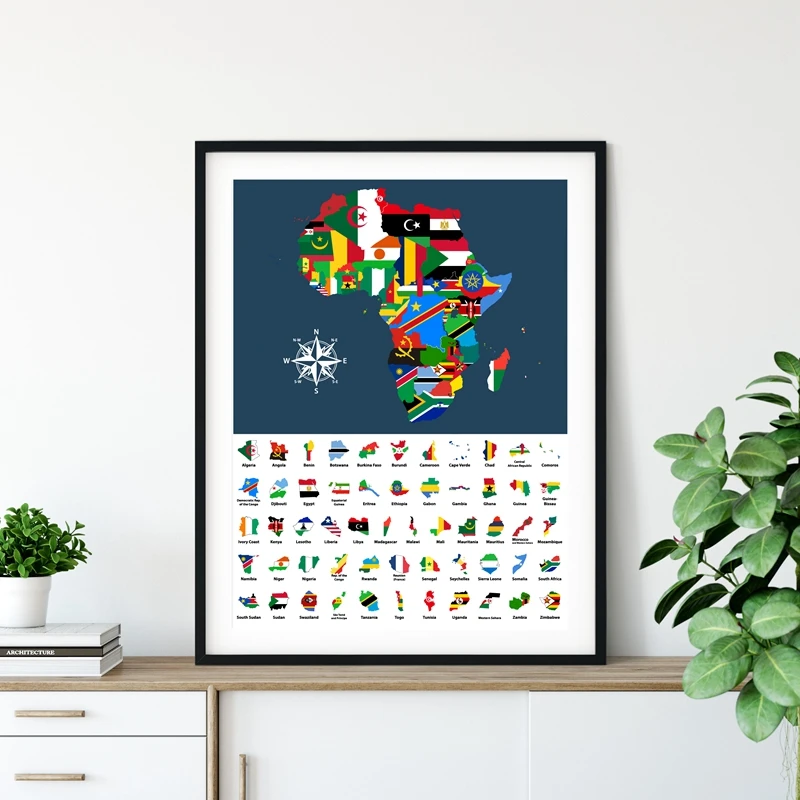 

Map of Africa Mixed with Countries Flags Art Poster Prints Collection of all African Maps Combined Canvas Painting Home Decor