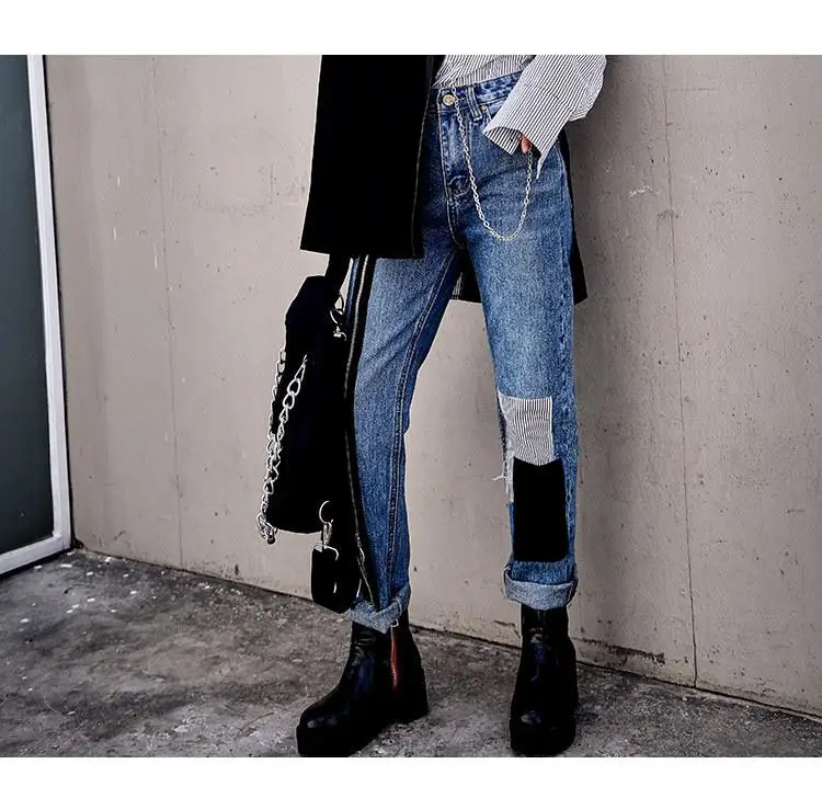 Новинка, весенние уличные хип-хоп женские джинсовые брюки на молнии с цветной вставкой, прямые брюки с бахромой