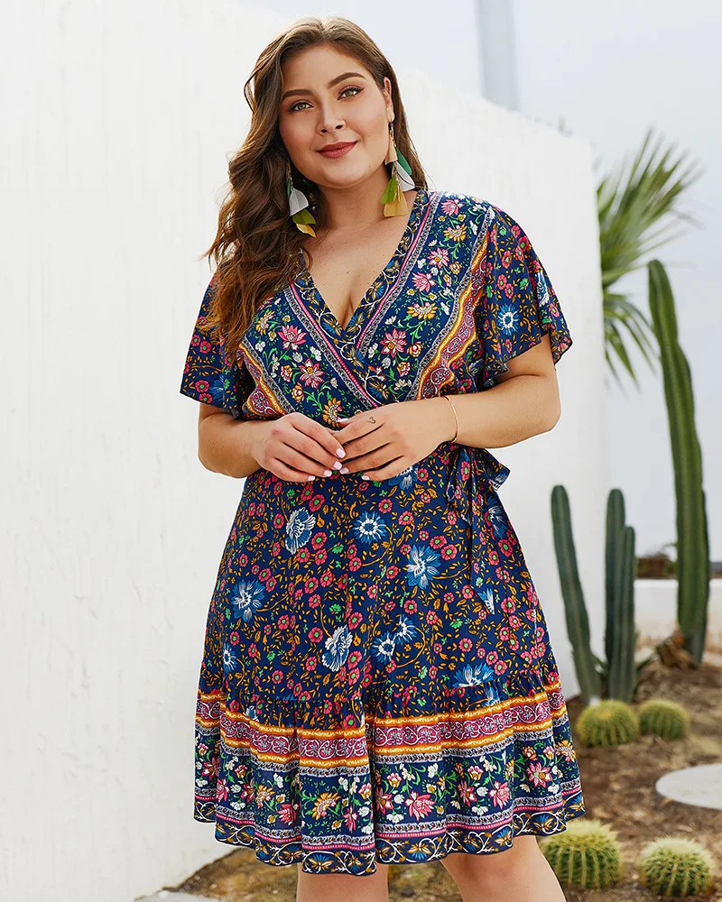 

Vintage Floral Print Dress Women V-Neck Short Ruffles Sleeve Summer Dress Bohemia Empire Ladies Dress Plus Size Midi Dresses