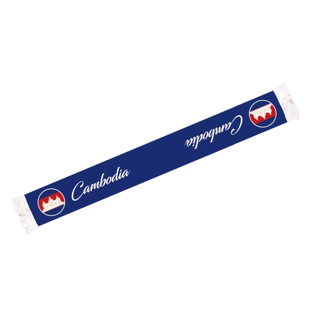 

Drop shipping silk Satin Cambodia Football Scarf ,55x6 inches Double sided Printed Cambodia scarf with 5cm tassels