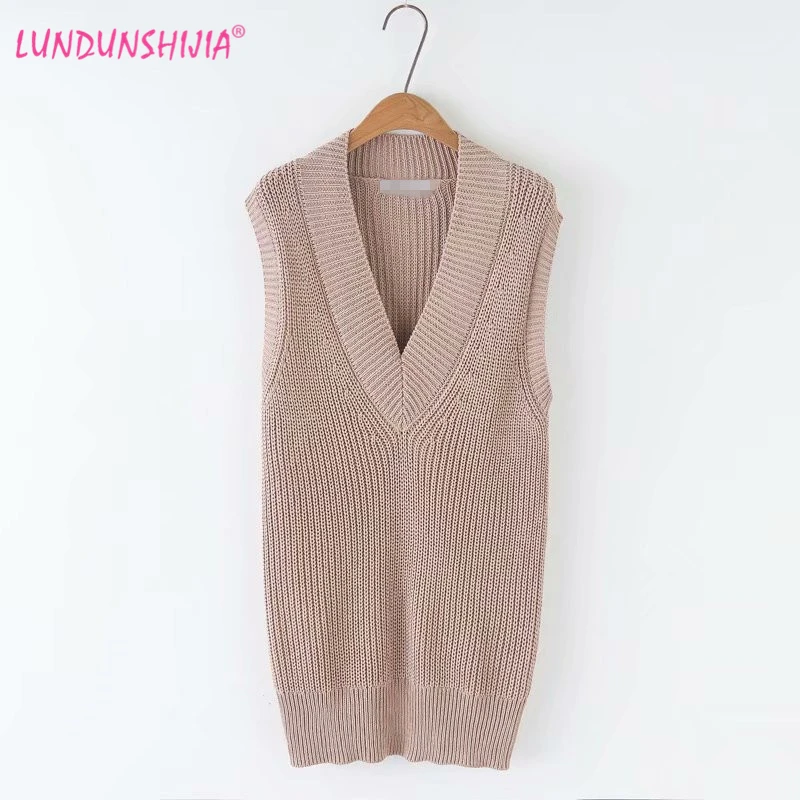 

LUNDUNSHIJIA 2019 Spring Autumn Style Women Khaki Knitting Vest Women Simple Sleeveless Loose Tops Ladies Long Style Vests