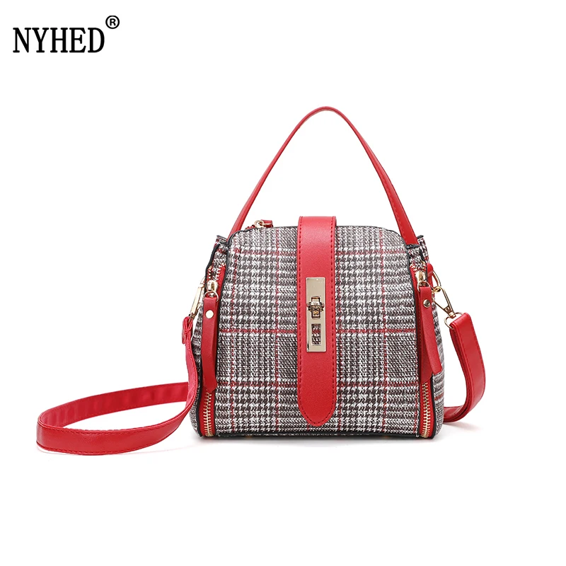 

NYHED New Women Bucket Handbags Fashion Wool Panelled Girls Shoulder Bags Lock Bag