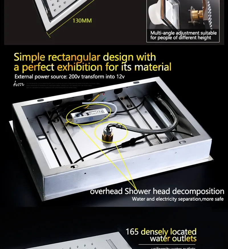 hm LED Rain Shower Set with 2 Lights with Handshower Body Jet Massage Thermostatic Mixer Bathroom Ceiling (20)