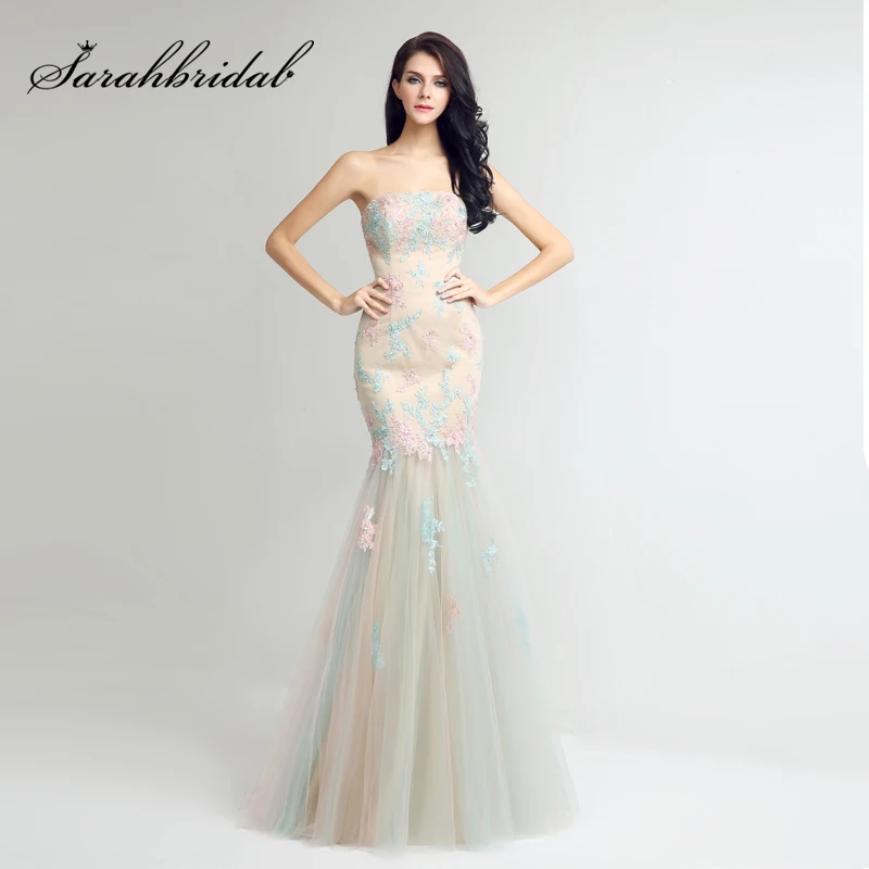

Beautiful Candy Color Lace Appliques Trumpet Evening Dresses 2017 Tulle Strapless Elegant Women Long Prom Party Gowns LX267