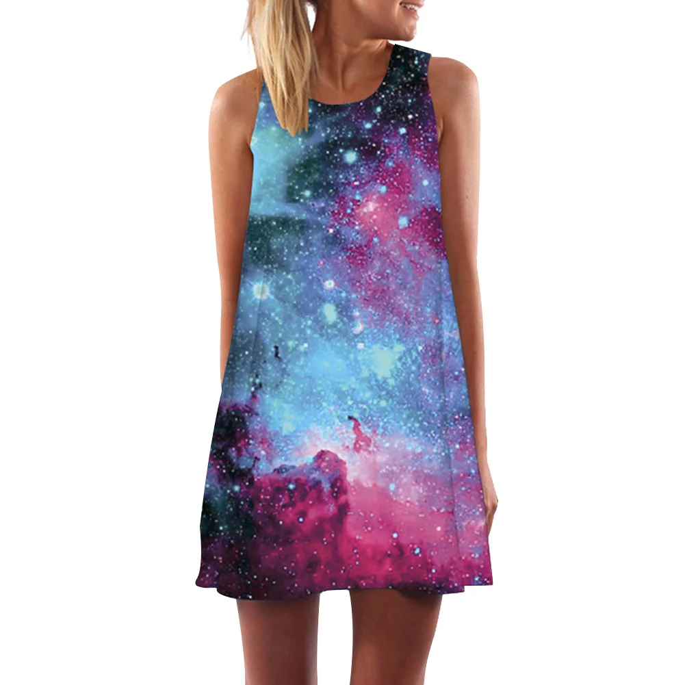 Fashion Sleeveless Light Weight Pullover Women Dress Beach Middle Waist Vacation Crew Neck Digital Printing Comfortable Summer | Женская