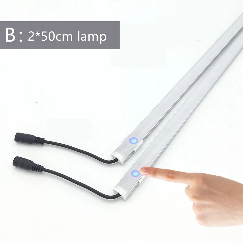 2pcs 7020 Dimmable Lamp 30cm 50cm Under Cabinet Strip Light Touch Switch Control Kitchen Led Bar Rigid Home DC 12V Wardrobe - Emitting Color: B 2pcs 50cm lamp