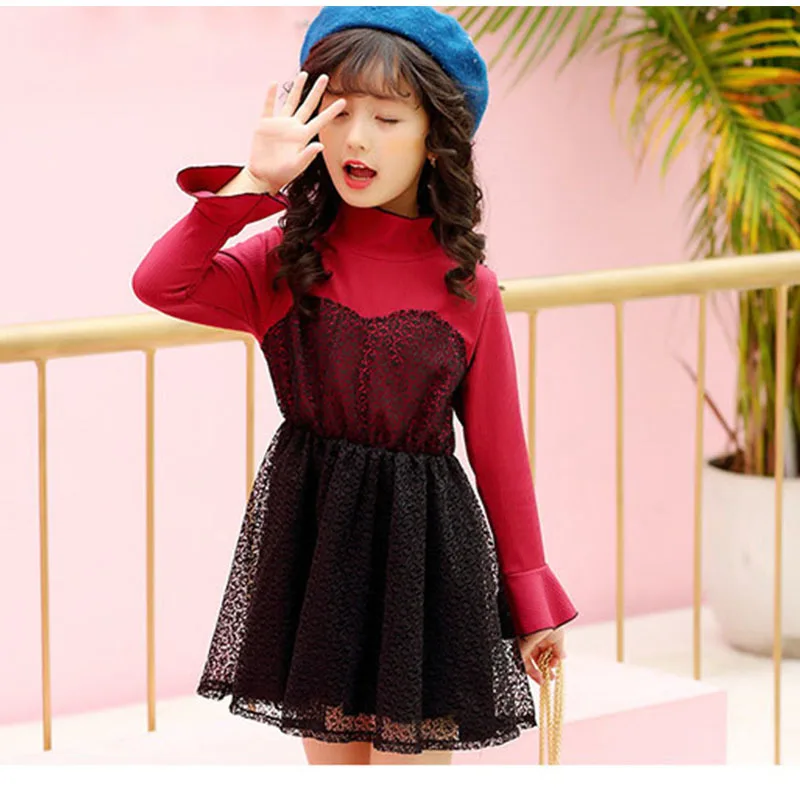 

High Neck Autumn Girls Dress Girls Clothing For School Patchwork Children Long Sleeve Dress For Teenage Girls Party Clothes