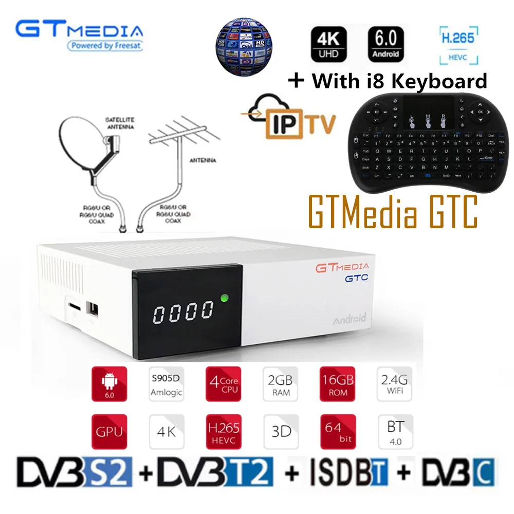 

GTmedia GTC Satellite Receiver DVB-S2 DVB-C DVB-T2 ISDB-T Amlogic S905D android 6.0 TV BOX 2GB RAM 16GB ROM BT4.0 Freesat GTC